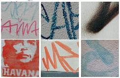 verschillende typen graffiti; aangebracht met viltstift, vetkrijt, tectyl, spuitbus en kwast.
